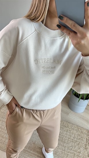  Yazı Detaylı Bej Sweat
