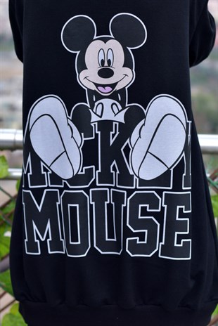 Sırtı Mickey Baskılı Siyah Kapüşonlu Sweatshirt