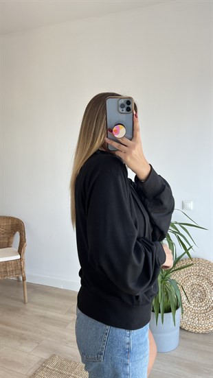 Dik Yaka Fermuarlı Siyah Sweat
