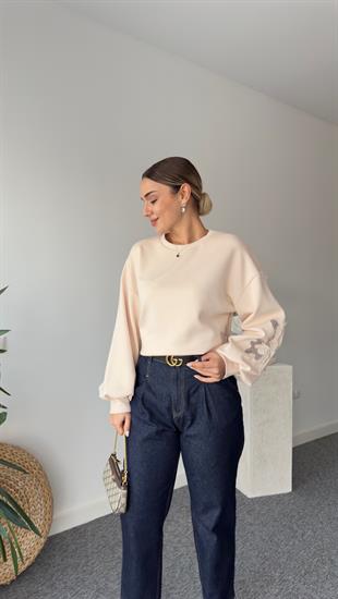 Orj Model Nakış Aplikeli Bej Sweat