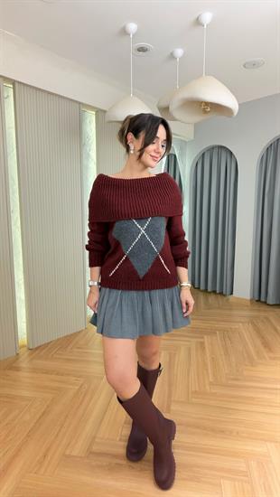 Bordo Madonna Yaka Baklava Desen Kazak