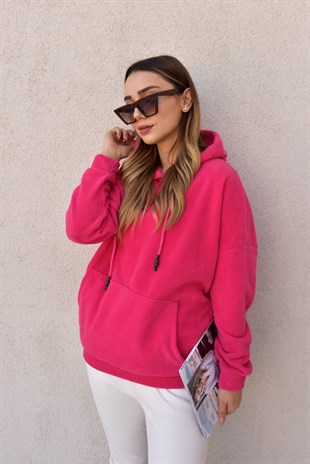 Fuşya Kapüşonlu Polar Sweat