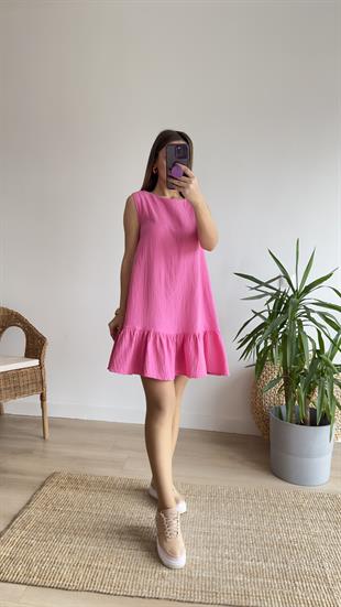 Eteği Fırfırlı Pembe Keten Elbise 