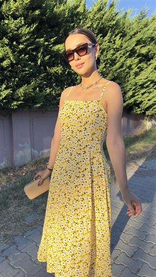 Çiçek Desen Askılı Sarı Elbise 