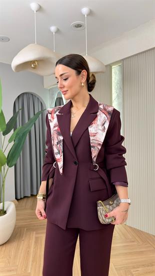 Bordo Şal Detaylı Tasarım Blazer Takım