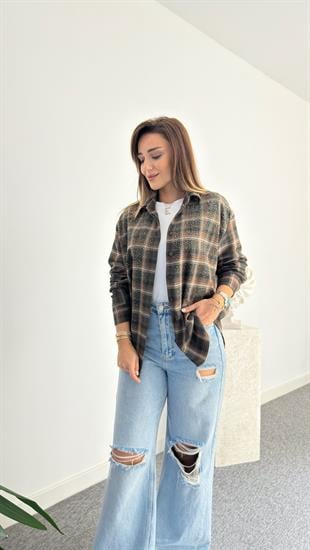 Yeşil Ekoseli Sesira Taş Detaylı Gömlek