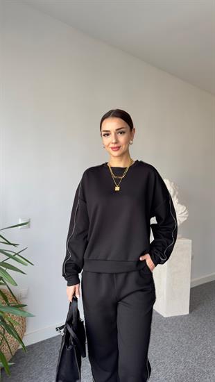 Taş Şerit Detaylı Siyah Modal Takım