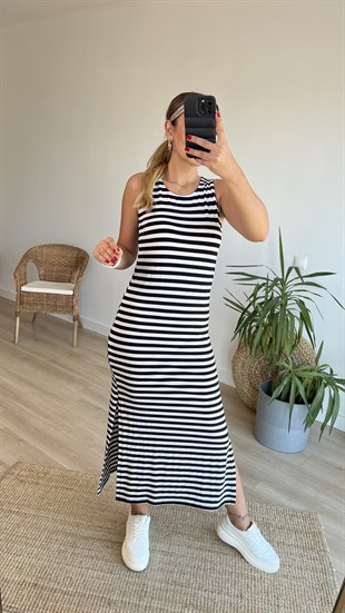 Kolsuz Çizgili Basic Elbise 