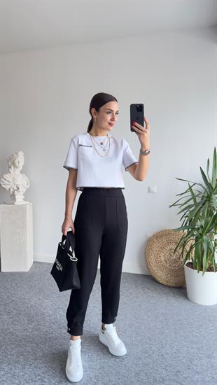 Sheer Nakışlı Beyaz Basic Tshirt