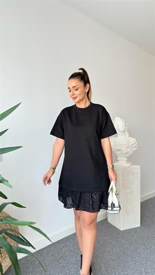 Altı Güpürlü Siyah Basic Elbise 