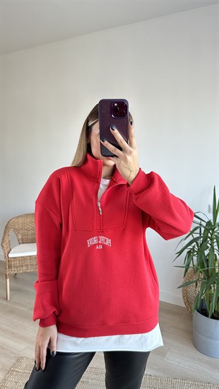 Yarım Fermuar Nakış Yazılı Kırmızı Sweat