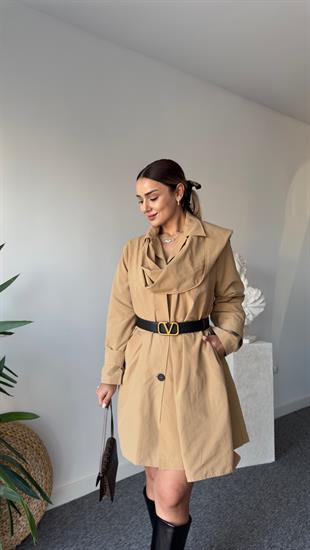 Çıkarılabilir Şal Detaylı Camel Massi Trençkot