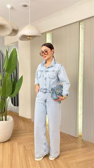 Lumera Düğmeli Buz Mavi Jean Tulum