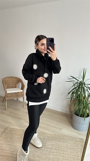 Papatya Nakışlı Siyah Sweatshirt