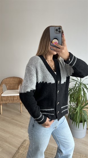 Vatka Detaylı Gri Siyah Hırka