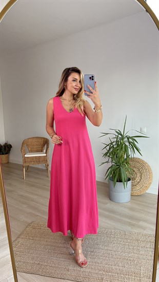 Kolsuz V Yaka Pembe Maxi Elbise