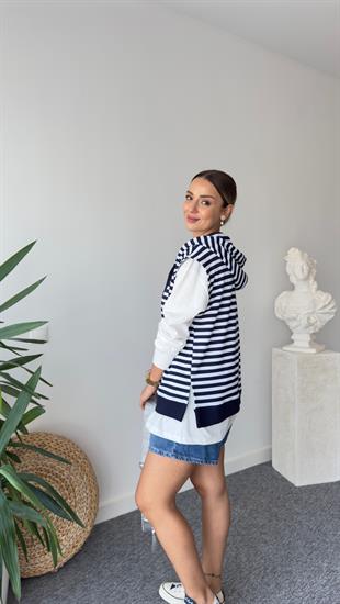 Burena Yanı Yırtmaçlı Çizgili İkili Sweat Takım