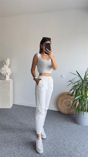 Gabardin Diz Dikişli Beyaz Pantolon