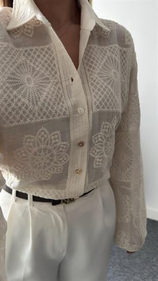 Mengo Bej Nakışlı Gömlek