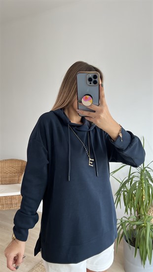 Modal Kumaş Yanları Yırtmaçlı Lacivert Sweat