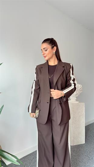 Kahve Silya Şerit Detaylı Blazer Pantolon Takım