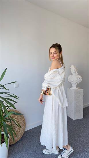 Düşük Omuzlu Bej Oversize Gömlek 