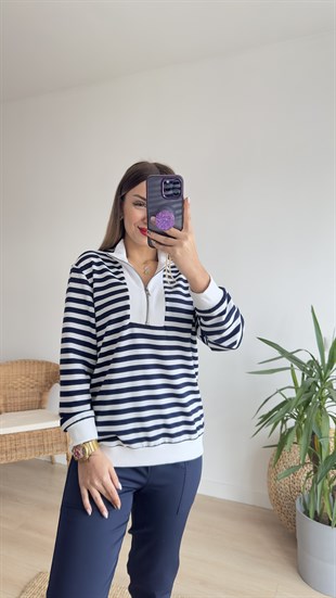 Lacivert Çizgili Yarım Fermuarlı Sweat