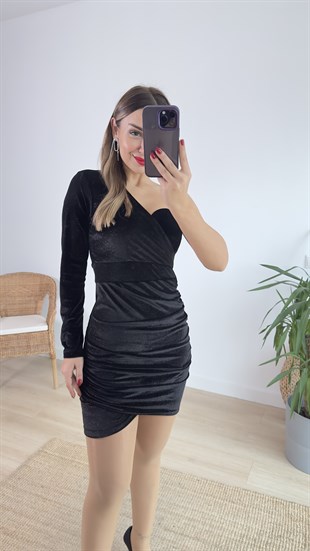 Tek Omuz Simli Siyah Kadife Elbise 