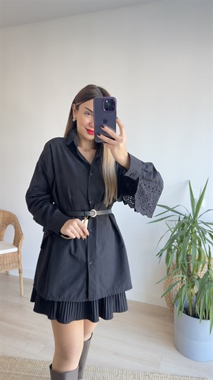Sırtı Fisto Detaylı Oversize Siyah Gömlek