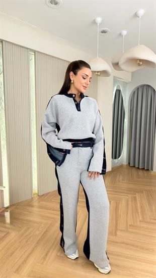 Gri Cres Yanlar Düğme Detaylı Garnili Takım