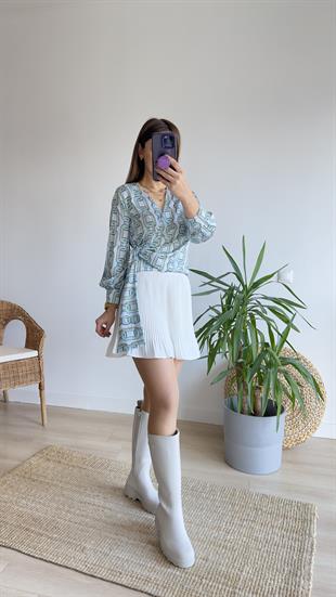 Zincir Baskı Kruvaze Saten Bluz