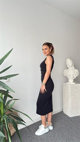 Antrasit Kemer Toka Detaylı Modal Elbise 