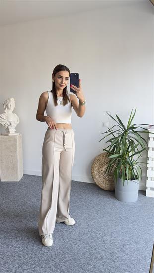 Dikiş Detay Zra Model Bej Deri Pantolon