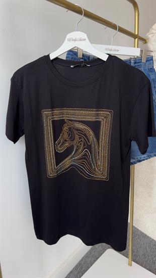 Taş Detay At Baskı Siyah Tshirt