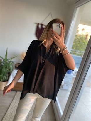 Yarasa Kol Siyah Şifon Gömlek