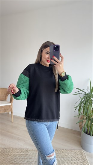  Kolları Yeşil Kapitone Tasarım Sweat 