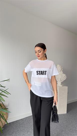 Start Yazı Detay Beyaz Tül Tshirt