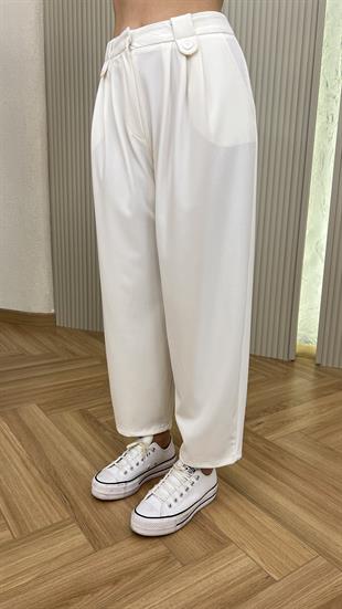 Melida Pile Detaylı Beyaz Balon Model Pantolon