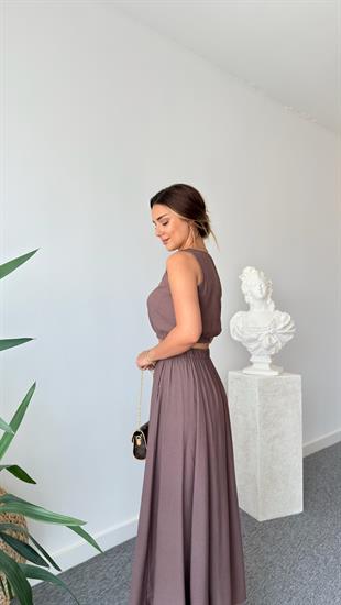 Kahve Keten Etekli Crop Takım