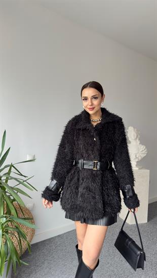 Premıum Deri Detaylı Siyah Peluş Mont 
