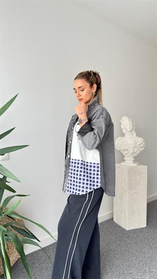 Siyah Ekose Mix Tasarım Denim Ceket