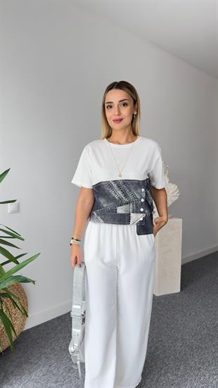 Kot Görünümlü Asimetrik Beyaz Tshirt