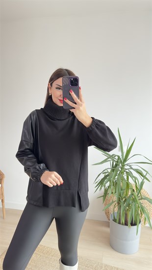 Boğazlı Deri Detay Siyah Kazak