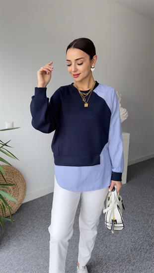Yan Gömlek Parçalı Lacivert Modal Sweat