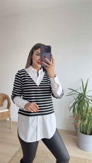 Beyaz Gömlek Detaylı Çizgili Sweat