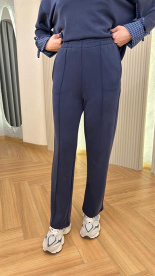 Lacivert Kolları Büzgü Ekose Detay Modal Takım