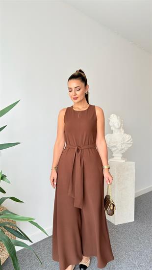 Kahve Carta Kuşaklı Bol Paça Tulum