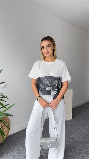 Kot Görünümlü Asimetrik Beyaz Tshirt