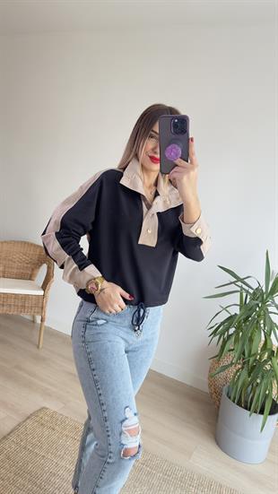 Sırtı Poplin Düğmeli Sweatshirt