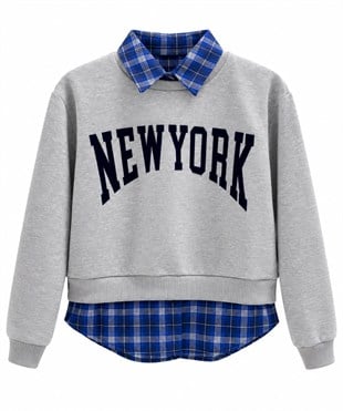 New York Yazılı Ekose Detaylı Sweatshirt